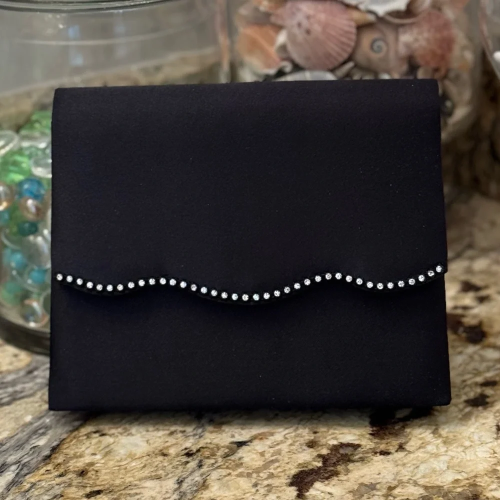 Black satin evening clutch or crossbody scalloped flap rhinestone trim 7.5”